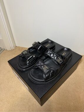 CHANEL Black Quilted Leather Double-Strap Sandals with CC Hardware